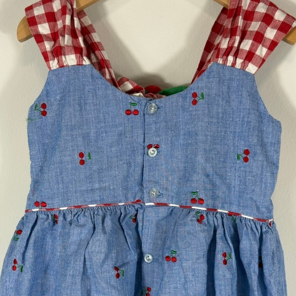 Vintage Cherry Embroidered Chambray Bubble Romper Gingham Bow Toddler 3 832529 - Picture 8 of 12